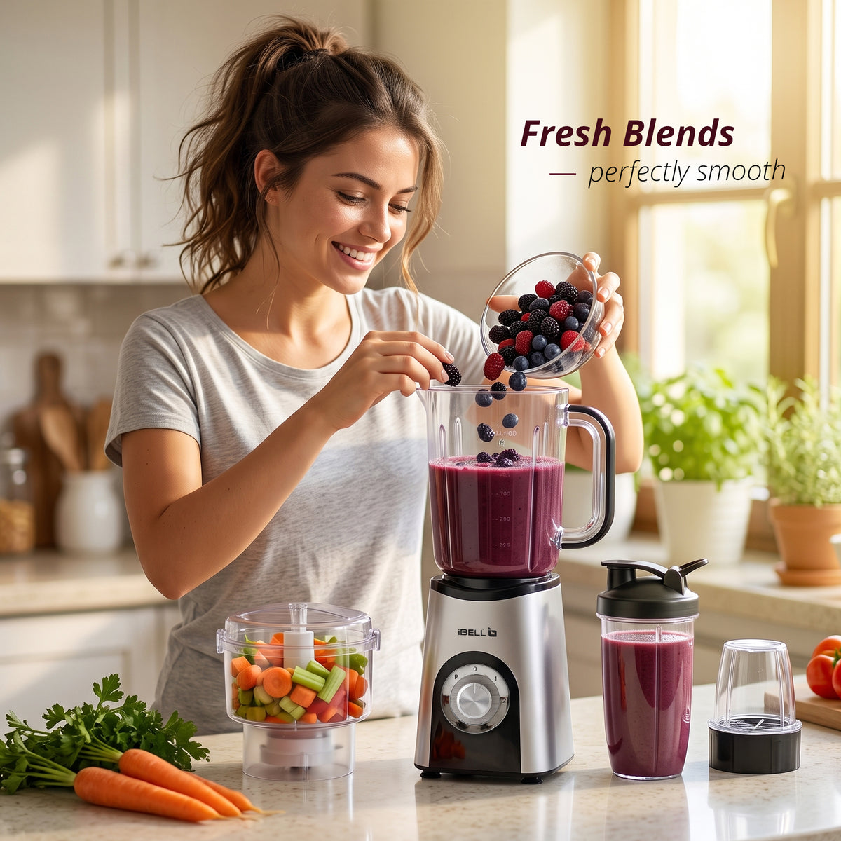 iBELL Nutri Core 5Q Plus 600W Nutri Blender Mixer Grinder & Juicer with 24000 RPM High-Speed Motor, 4 Multi-Purpose Jars with chopper, 2-Speed & Pulse Function for Smoothies (Silver)