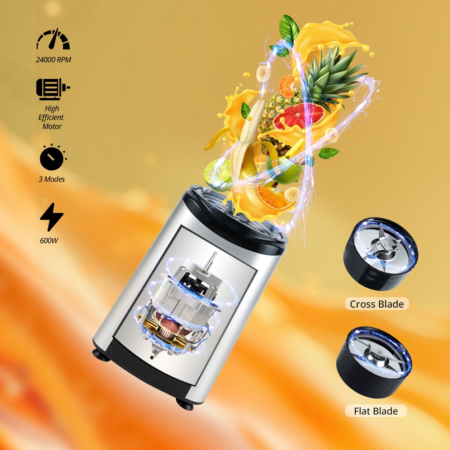 iBELL Juicer Mixer Grinder For Home, Smoothie Maker, 600W,2 Blades, 3 Modes, 5 Jars + Chopper, 100% Copper Motor, 24,000 RPM, Nutri Blender With Stainless Steel Blades (Silver)