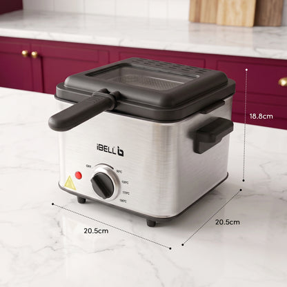 iBELL OILKING200 Electric Deep Fryer | 2 Litre Oil Capacity | Stainless Steel | Adjustable Temperature Control | Single Tank Fryer with Lid & Handle Basket (Silver)