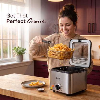 iBELL OILKING200 Electric Deep Fryer | 2 Litre Oil Capacity | Stainless Steel | Adjustable Temperature Control | Single Tank Fryer with Lid & Handle Basket (Silver)