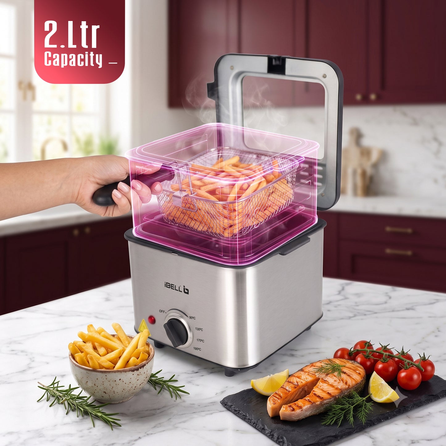 iBELL OILKING200 Electric Deep Fryer | 2 Litre Oil Capacity | Stainless Steel | Adjustable Temperature Control | Single Tank Fryer with Lid & Handle Basket (Silver)