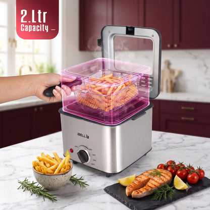 iBELL OILKING200 Electric Deep Fryer | 2 Litre Oil Capacity | Stainless Steel | Adjustable Temperature Control | Single Tank Fryer with Lid & Handle Basket (Silver)