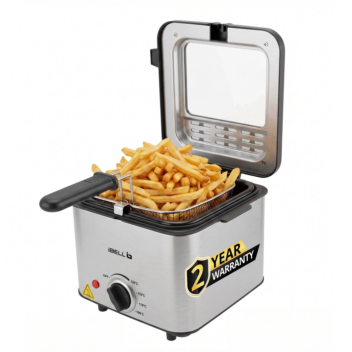 iBELL OILKING200 Electric Deep Fryer | 2 Litre Oil Capacity | Stainless Steel | Adjustable Temperature Control | Single Tank Fryer with Lid & Handle Basket (Silver)