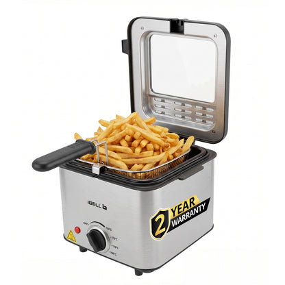 iBELL OILKING200 Electric Deep Fryer | 2 Litre Oil Capacity | Stainless Steel | Adjustable Temperature Control | Single Tank Fryer with Lid & Handle Basket (Silver)