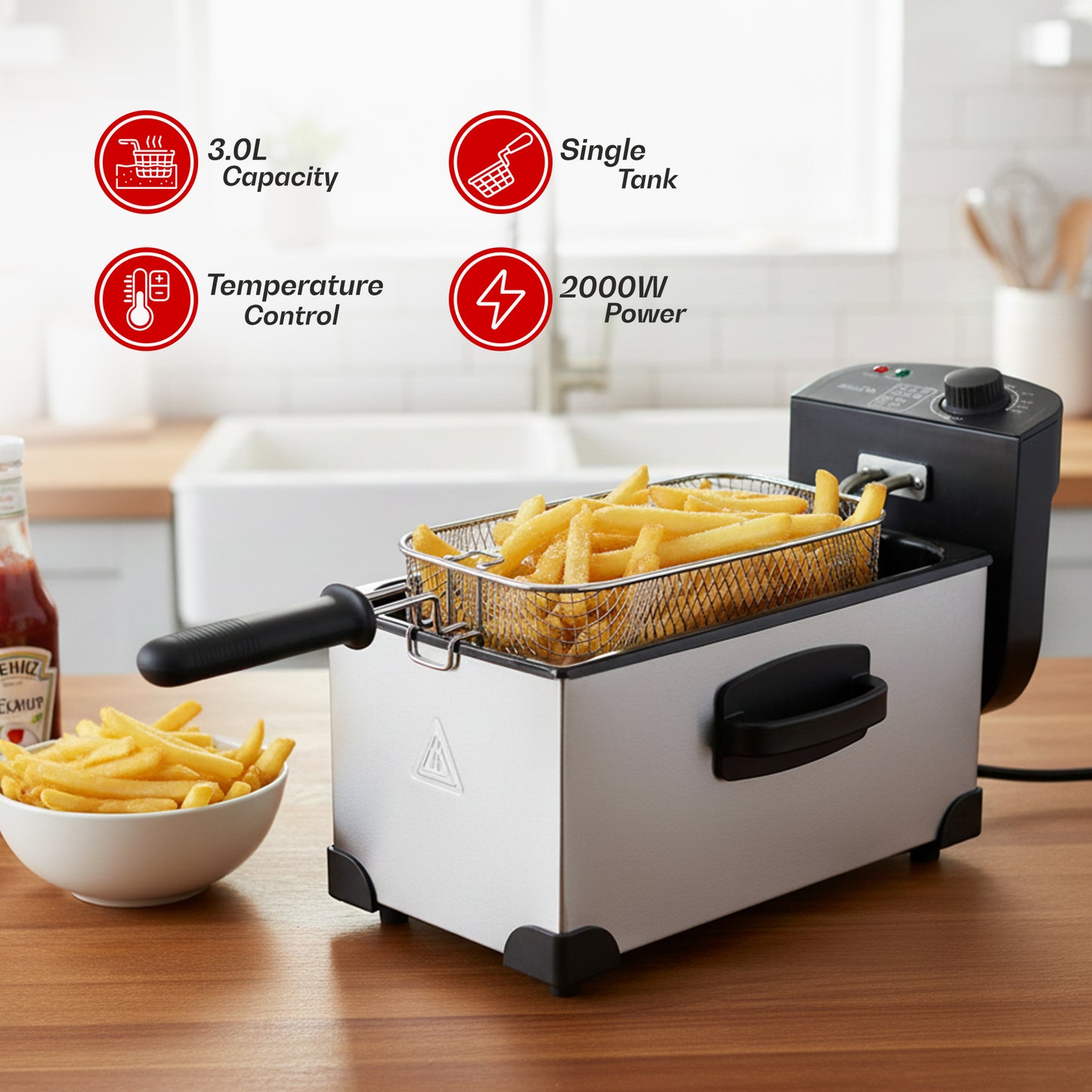 iBELL OILKING300 Electric Deep Fryer | 3 Litre Oil Capacity | 2000W Stainless Steel | Adjustable Temperature Control | Single Tank Fryer with Lid & Handle Basket (Silver)