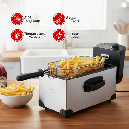iBELL OILKING300 Electric Deep Fryer | 3 Litre Oil Capacity | 2000W Stainless Steel | Adjustable Temperature Control | Single Tank Fryer with Lid & Handle Basket (Silver)