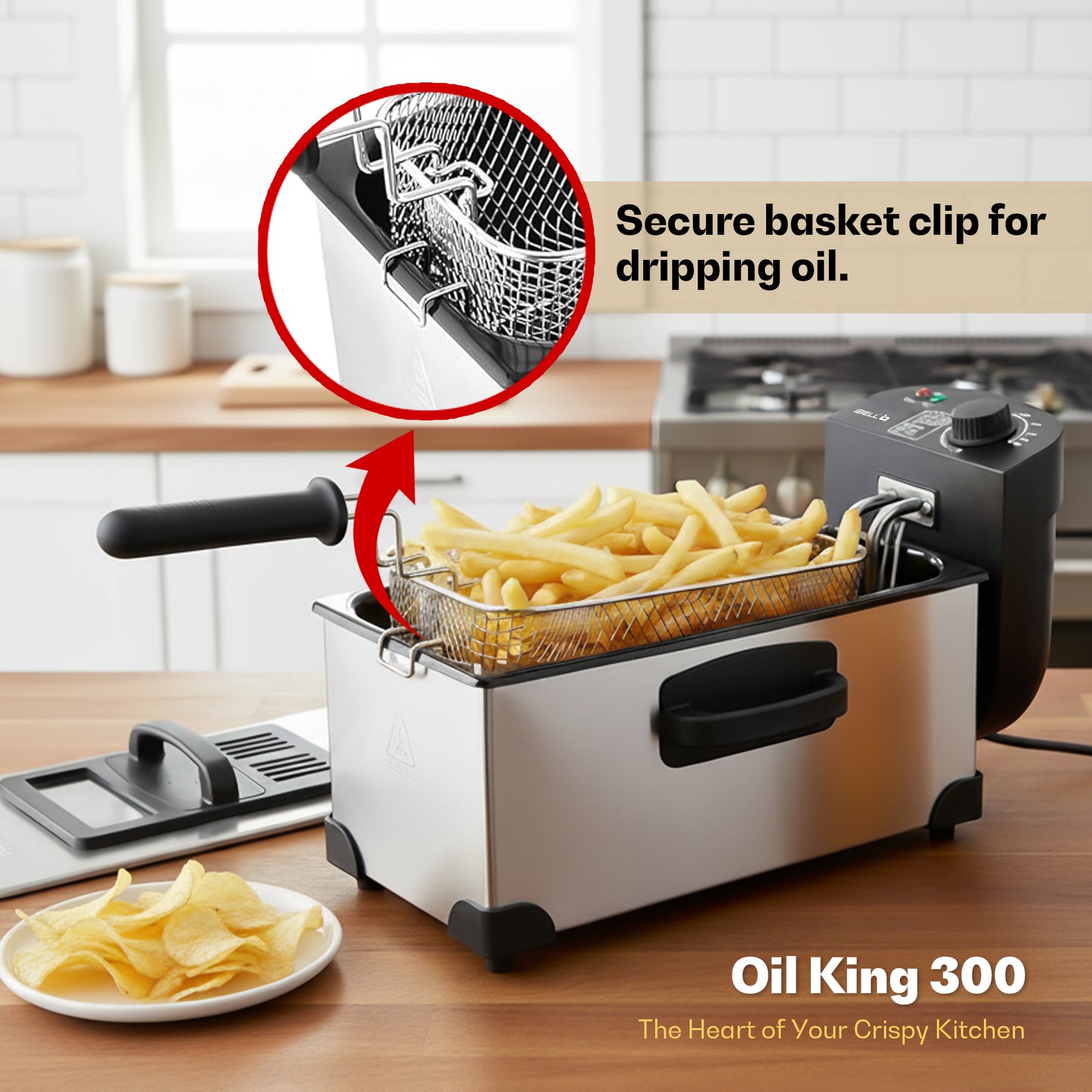 iBELL OILKING300 Electric Deep Fryer | 3 Litre Oil Capacity | 2000W Stainless Steel | Adjustable Temperature Control | Single Tank Fryer with Lid & Handle Basket (Silver)