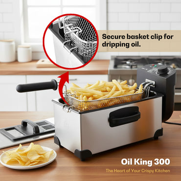 iBELL OILKING300 Electric Deep Fryer | 3 Litre Oil Capacity | 2000W Stainless Steel | Adjustable Temperature Control | Single Tank Fryer with Lid & Handle Basket (Silver)