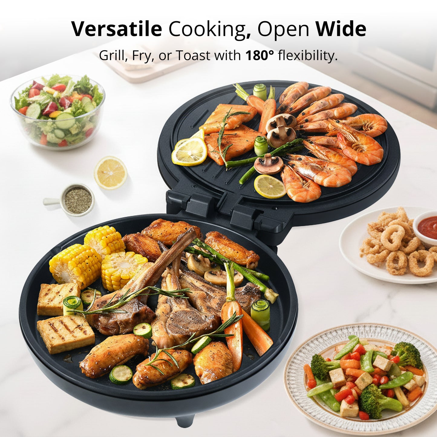 IBELL1500W Countertop Electric Pizza Maker & Multi-Purpose Grill | 12 Inch Non-Stick Plates, 180° Opening, Dual plate Heating Control | Pizza,Sandwich,Dosa,Roti,Grilled Veggies Maker | 2 Year Warranty