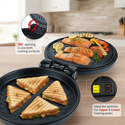 IBELL1500W Countertop Electric Pizza Maker & Multi-Purpose Grill | 12 Inch Non-Stick Plates, 180° Opening, Dual plate Heating Control | Pizza,Sandwich,Dosa,Roti,Grilled Veggies Maker | 2 Year Warranty