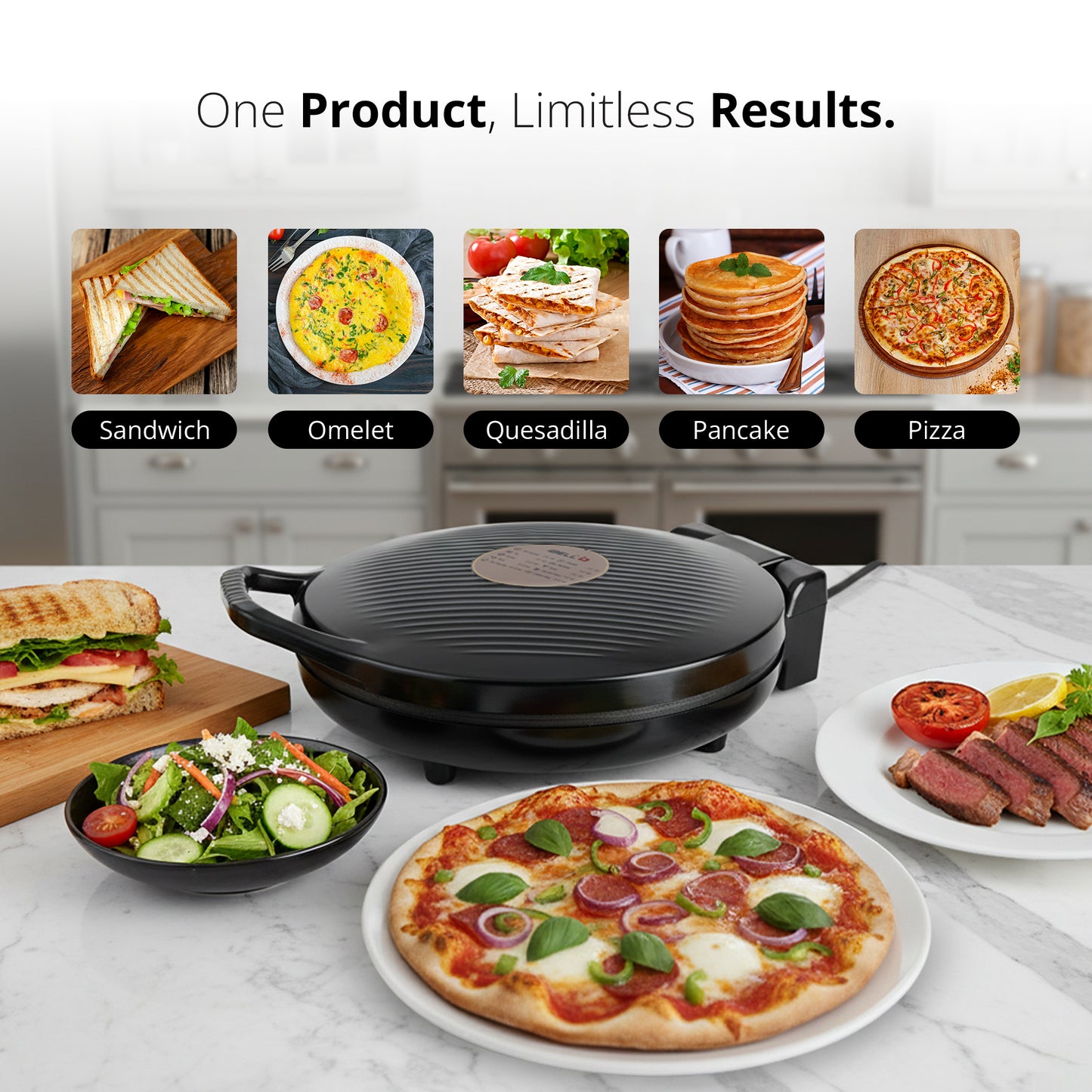 IBELL1500W Countertop Electric Pizza Maker & Multi-Purpose Grill | 12 Inch Non-Stick Plates, 180° Opening, Dual plate Heating Control | Pizza,Sandwich,Dosa,Roti,Grilled Veggies Maker | 2 Year Warranty