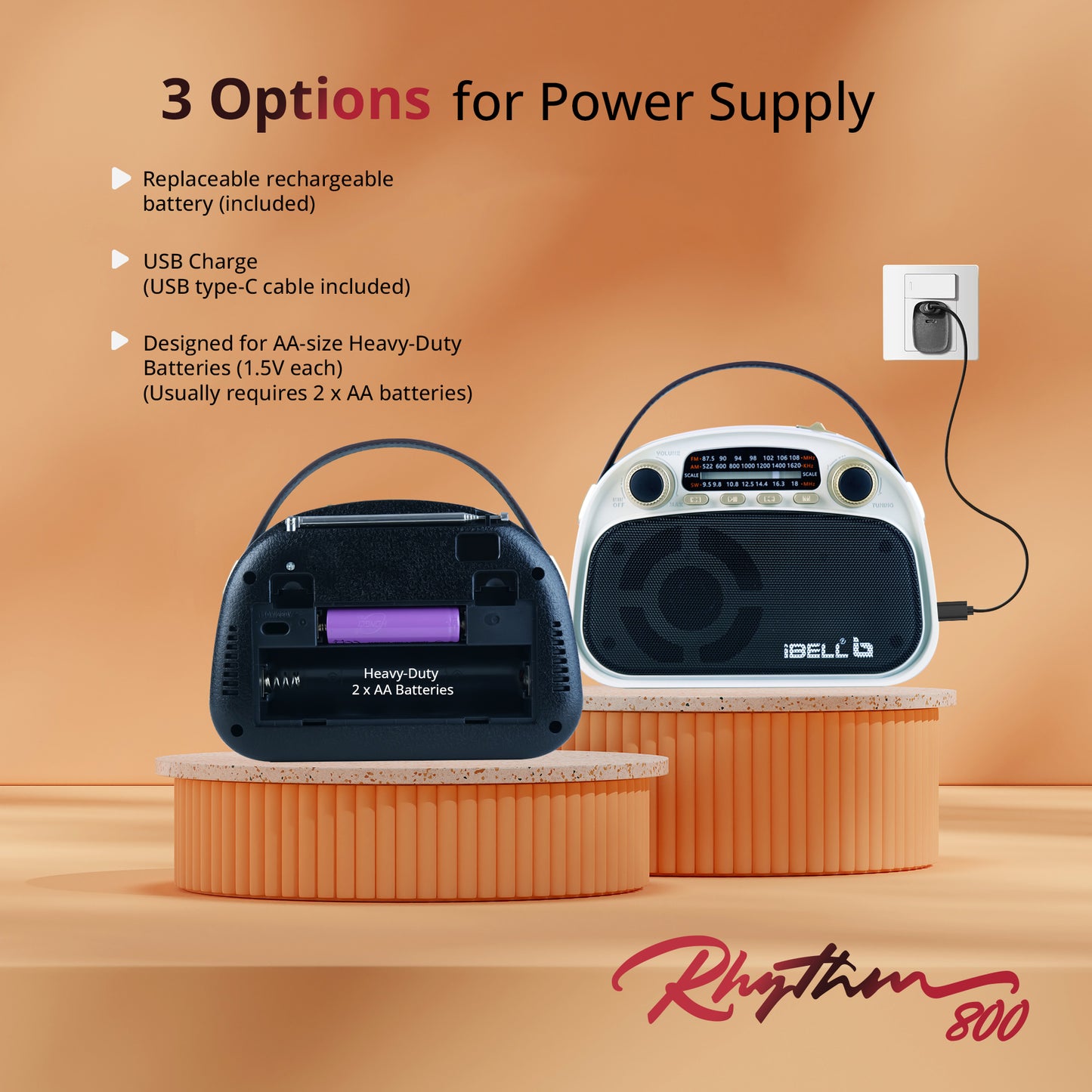 IBELL RHYTHM800 BT Portable FM Radio with Bluetooth Speaker, USB, SD Slot, MP3 Player, Rechargable Battery, Telescopic Antenna & Dynamic Speaker, 3 Band (Black)