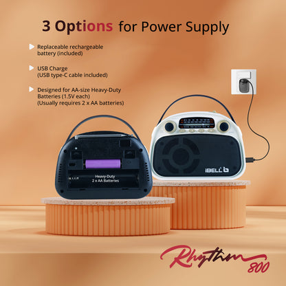 IBELL RHYTHM800 BT Portable FM Radio with Bluetooth Speaker, USB, SD Slot, MP3 Player, Rechargable Battery, Telescopic Antenna & Dynamic Speaker, 3 Band (Black)