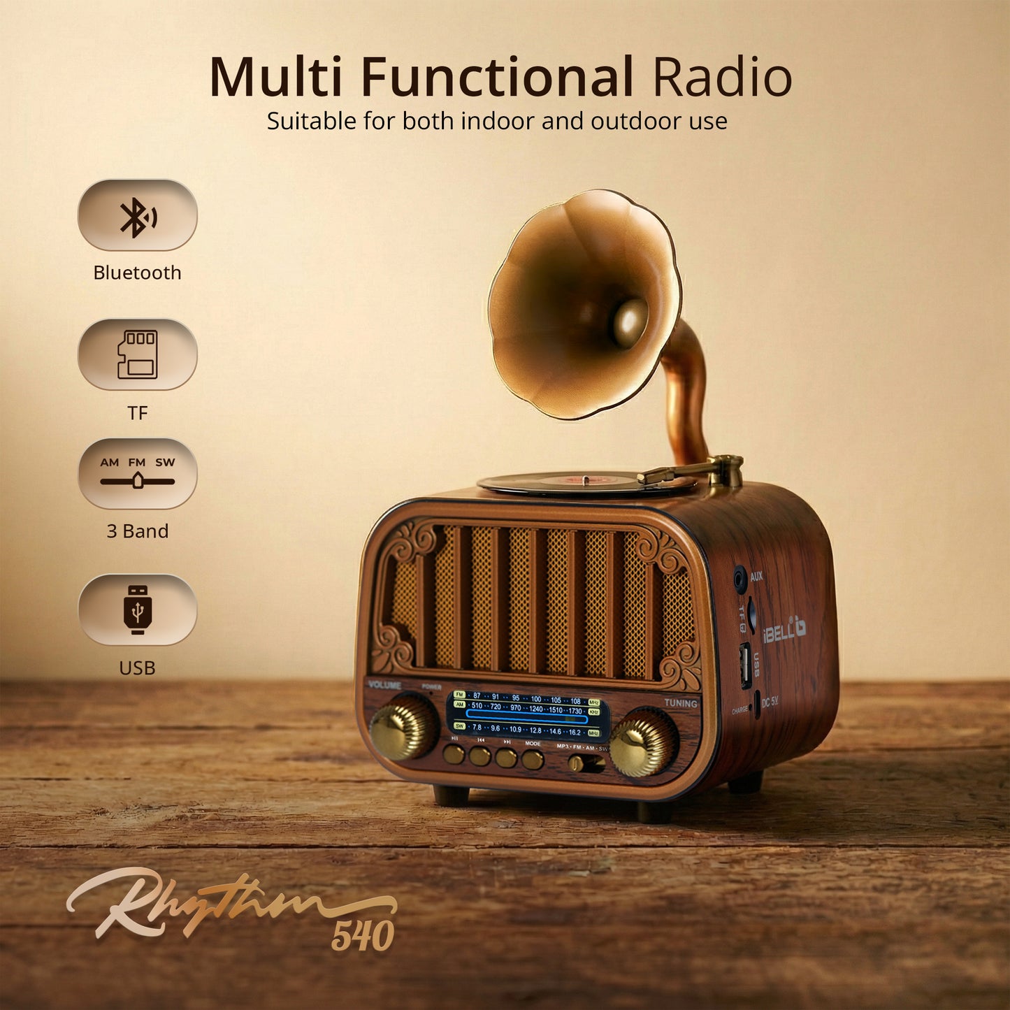 iBELL Rhythm 540 Vintage Bluetooth Speaker with AM/FM/SW Radio | 3 Band Portable Retro Radio | USB Port & TF Card Slot | MP3 Playback | 5V DC Powered Wireless Music System (Wood Finish)