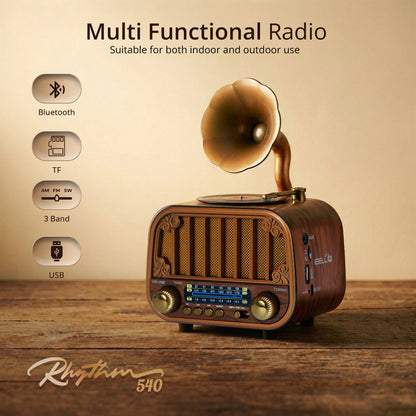 iBELL Rhythm 540 Vintage Bluetooth Speaker with AM/FM/SW Radio | 3 Band Portable Retro Radio | USB Port & TF Card Slot | MP3 Playback | 5V DC Powered Wireless Music System (Wood Finish)