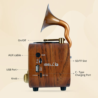 iBELL Rhythm 540 Vintage Bluetooth Speaker with AM/FM/SW Radio | 3 Band Portable Retro Radio | USB Port & TF Card Slot | MP3 Playback | 5V DC Powered Wireless Music System (Wood Finish)