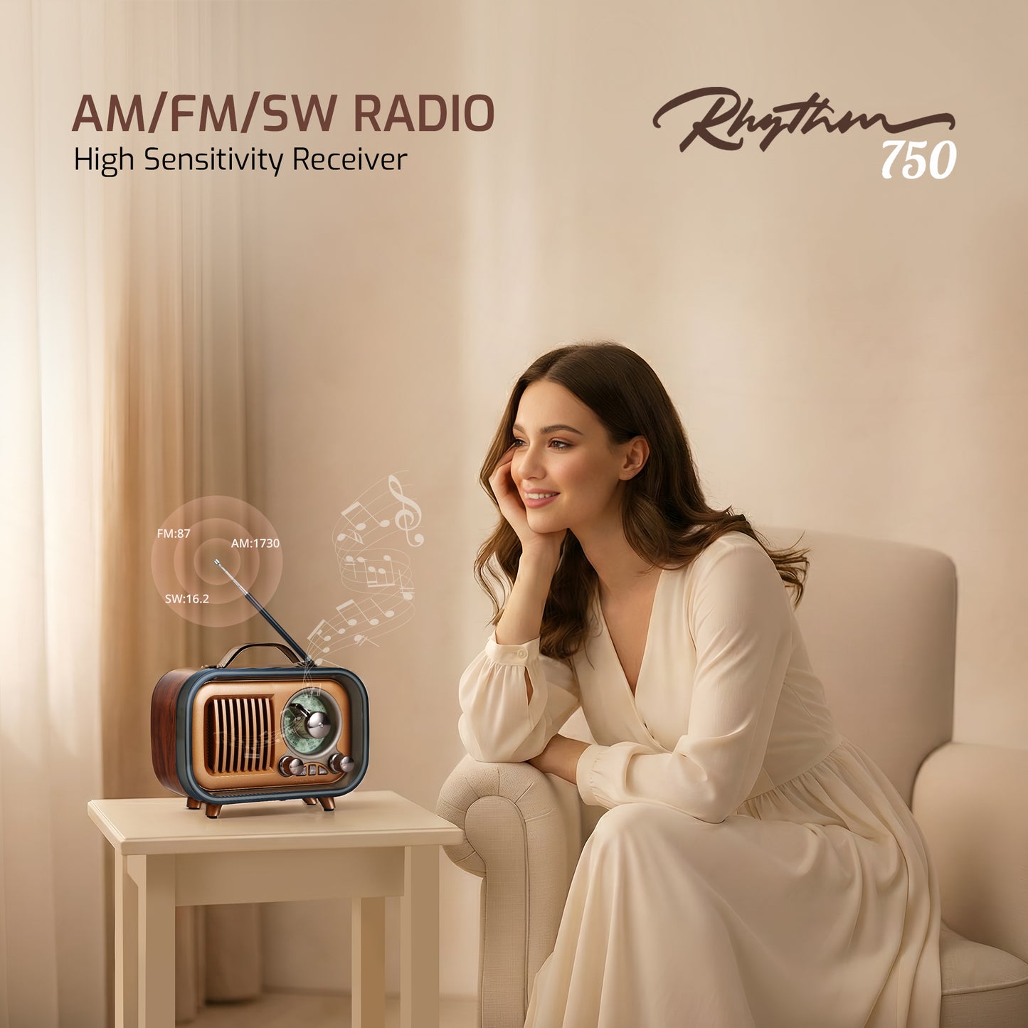 IBELL Rhythm 750 Retro Bluetooth Speaker with 3 Band AM/FM/SW Radio, AUX Input, USB & TF Card Slot, Telescopic Antenna, Dynamic Light, Portable Wireless Music System, DC 5V Power (Wood Finish)