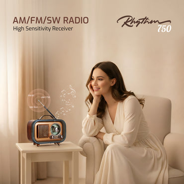 IBELL Rhythm 750 Retro Bluetooth Speaker with 3 Band AM/FM/SW Radio, AUX Input, USB & TF Card Slot, Telescopic Antenna, Dynamic Light, Portable Wireless Music System, DC 5V Power (Wood Finish)