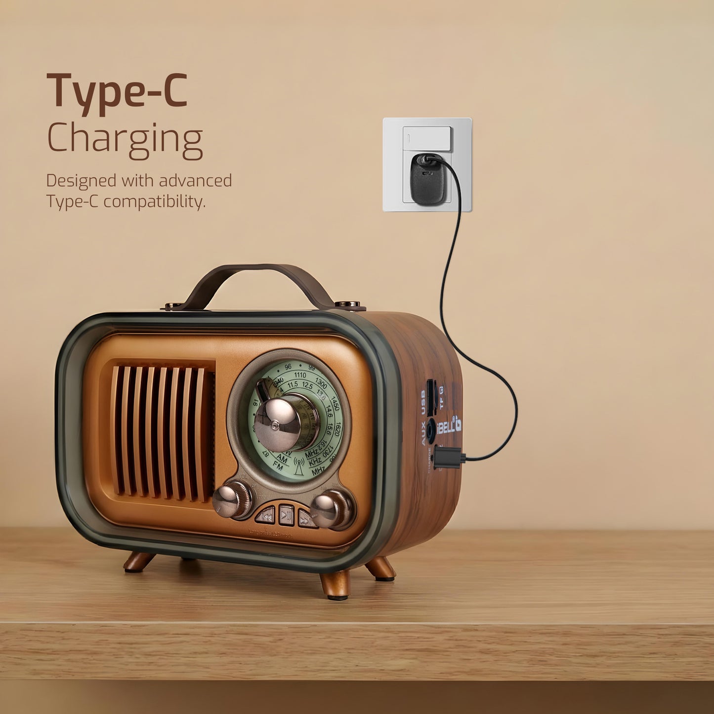 IBELL Rhythm 750 Retro Bluetooth Speaker with 3 Band AM/FM/SW Radio, AUX Input, USB & TF Card Slot, Telescopic Antenna, Dynamic Light, Portable Wireless Music System, DC 5V Power (Wood Finish)