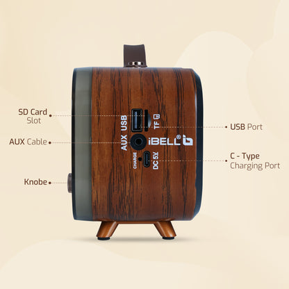 IBELL Rhythm 750 Retro Bluetooth Speaker with 3 Band AM/FM/SW Radio, AUX Input, USB & TF Card Slot, Telescopic Antenna, Dynamic Light, Portable Wireless Music System, DC 5V Power (Wood Finish)