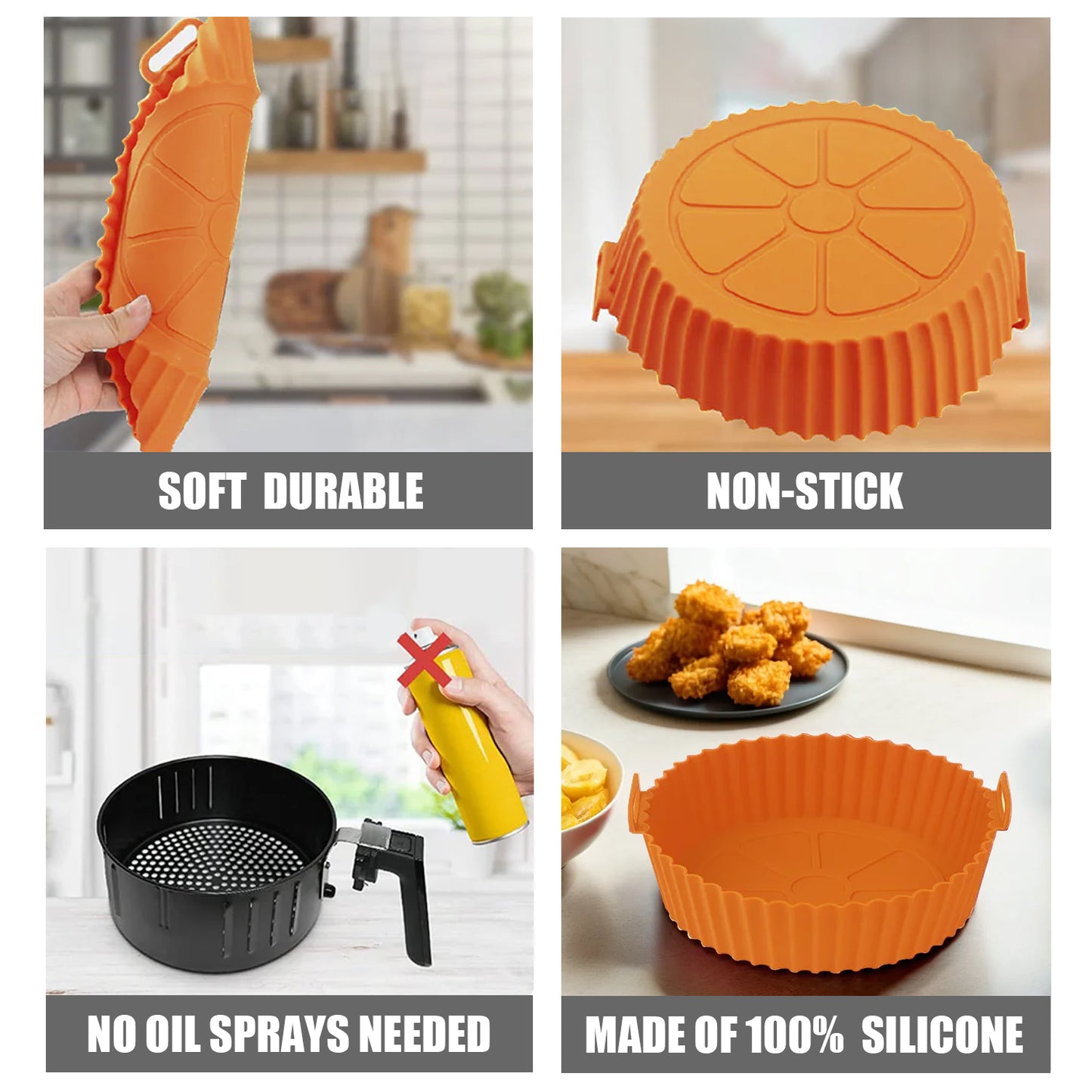 IBELL SILICONRD Round Silicone Tray for Air Fryer/Oven, 100% Food Grade Baking Basket, Heat Resistant, Reusable Tray with Handles (Pack of 2)