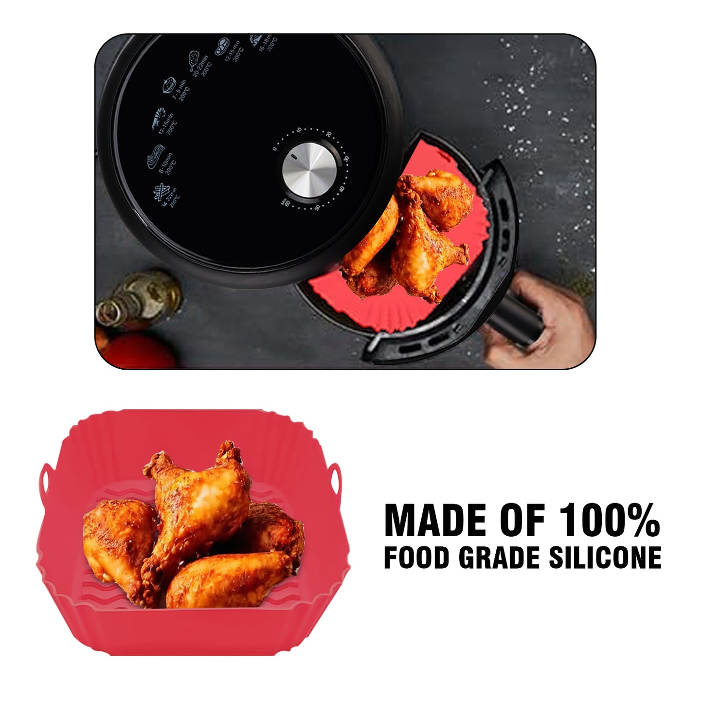 iBELL SILICONSQ Square Silicone Tray for Air Fryer/Oven, 100% Food Grade Baking Basket, Heat Resistant, Reusable Tray with Handles (Pack of 2)