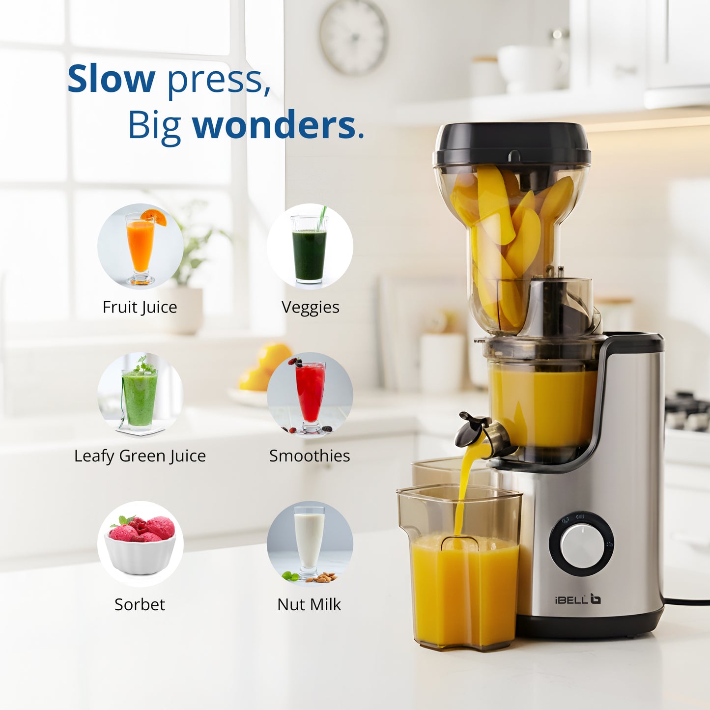 iBELL SLOW FUSION 750 Cold Press Slow Juicer 300W Silent Motor All-in-1 Fruit & Vegetable Juicer machine for home Compact Design Easy Assembly & Cleaning with 10 -Year Warranty