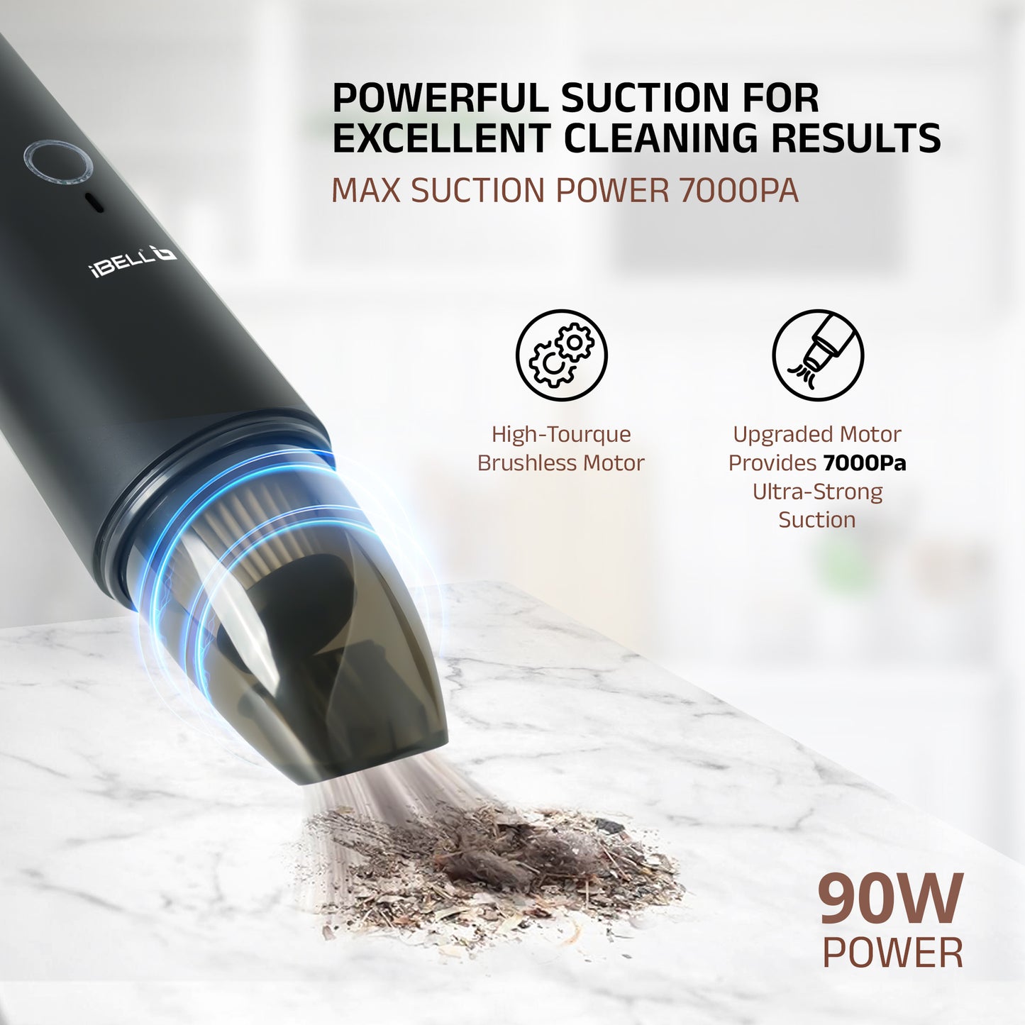 IBELL TURBOVAC700 Cordless Car Vacuum Cleaner – Rechargeable, Handheld, Wet & Dry Portable Vacuum with Powerful 7000 Pa Suction (Black)