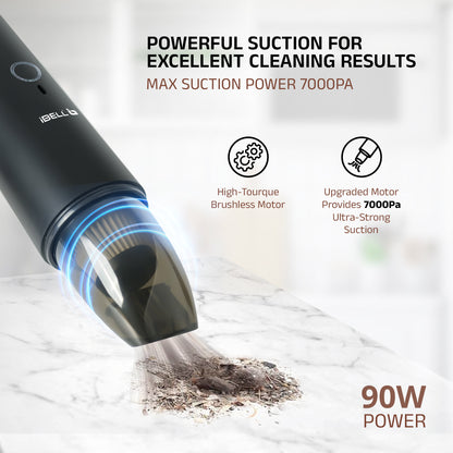 IBELL TURBOVAC700 Cordless Car Vacuum Cleaner – Rechargeable, Handheld, Wet & Dry Portable Vacuum with Powerful 7000 Pa Suction (Black)