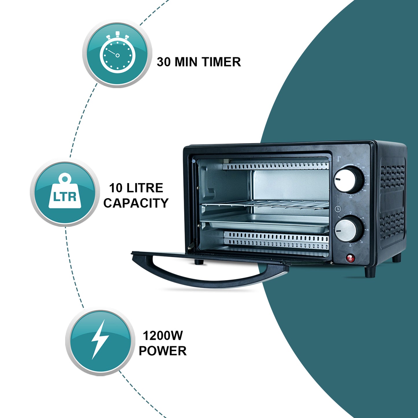 iBELL WAVE10 OTG Oven, 10 Litre, Compact Size, 1200W, Oven, Toaster, Griller, Precise Temperature & Timer Control (Black)