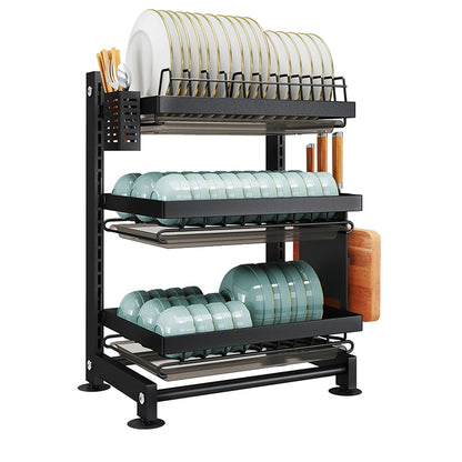 iBELL DR340 Dish Drying Rack, 3-Tier Bartan Stand/Drainer Shelf/Kitchen Organizer/Counter for Utensils Storage (Black)