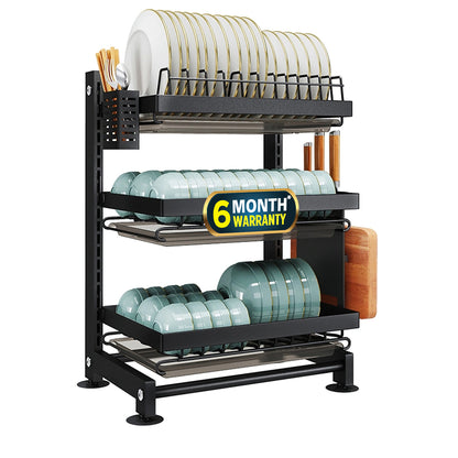 iBELL DR340 Dish Drying Rack, 3-Tier Bartan Stand/Drainer Shelf/Kitchen Organizer/Counter for Utensils Storage (Black)