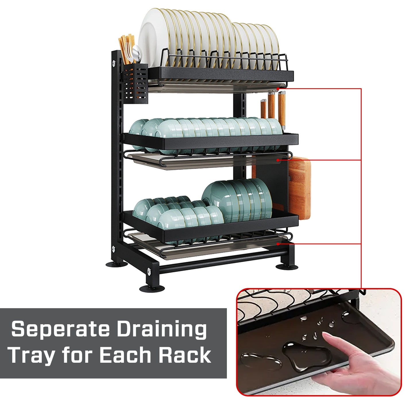 iBELL DR340 Dish Drying Rack, 3-Tier Bartan Stand/Drainer Shelf/Kitchen Organizer/Counter for Utensils Storage (Black)