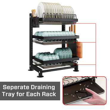 iBELL DR340 Dish Drying Rack, 3-Tier Bartan Stand/Drainer Shelf/Kitchen Organizer/Counter for Utensils Storage (Black)