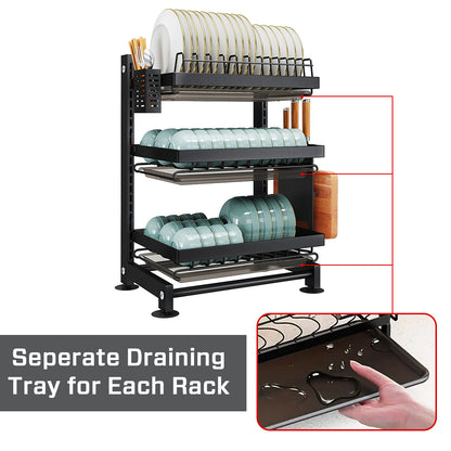 iBELL DR340 Dish Drying Rack, 3-Tier Bartan Stand/Drainer Shelf/Kitchen Organizer/Counter for Utensils Storage (Black)