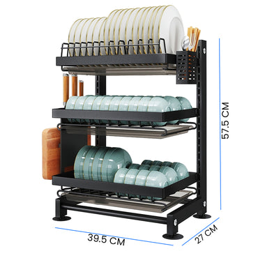 iBELL DR340 Dish Drying Rack, 3-Tier Bartan Stand/Drainer Shelf/Kitchen Organizer/Counter for Utensils Storage (Black)