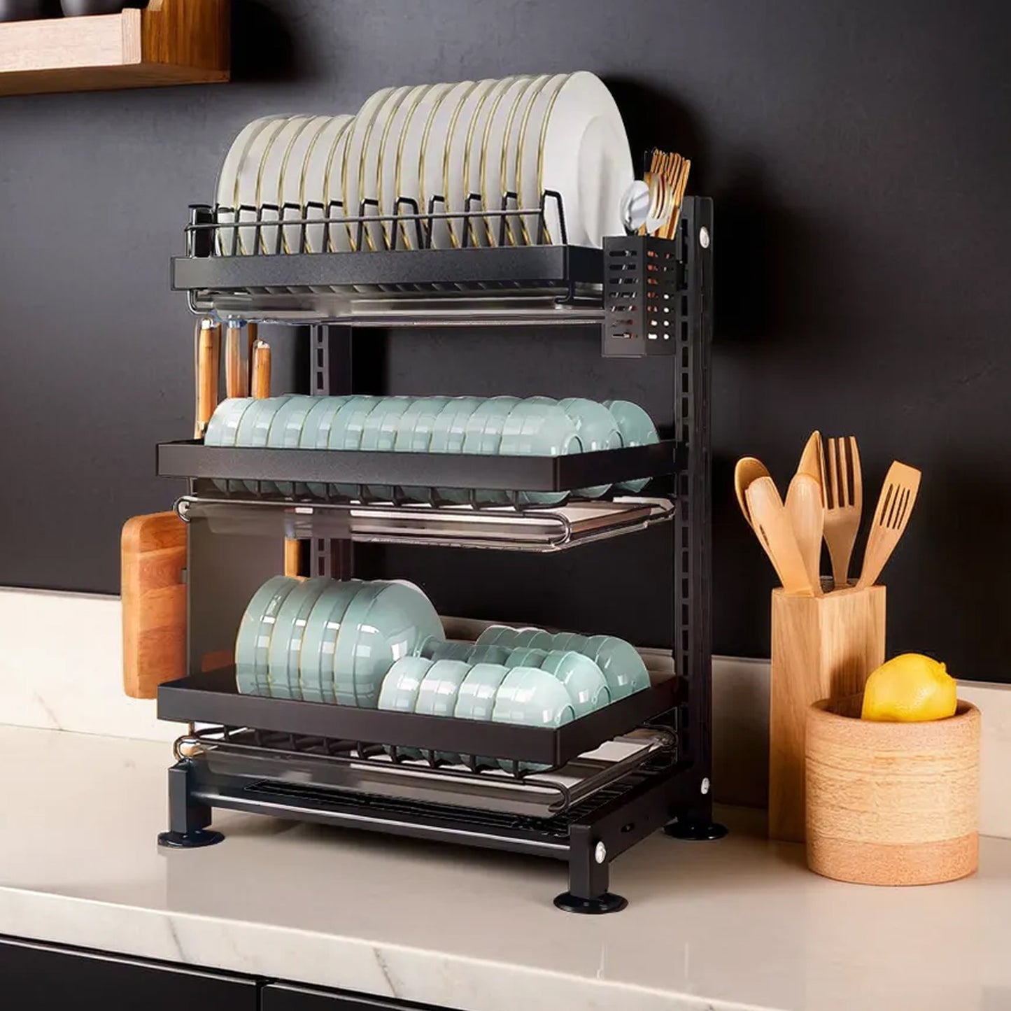 iBELL DR340 Dish Drying Rack, 3-Tier Bartan Stand/Drainer Shelf/Kitchen Organizer/Counter for Utensils Storage (Black)