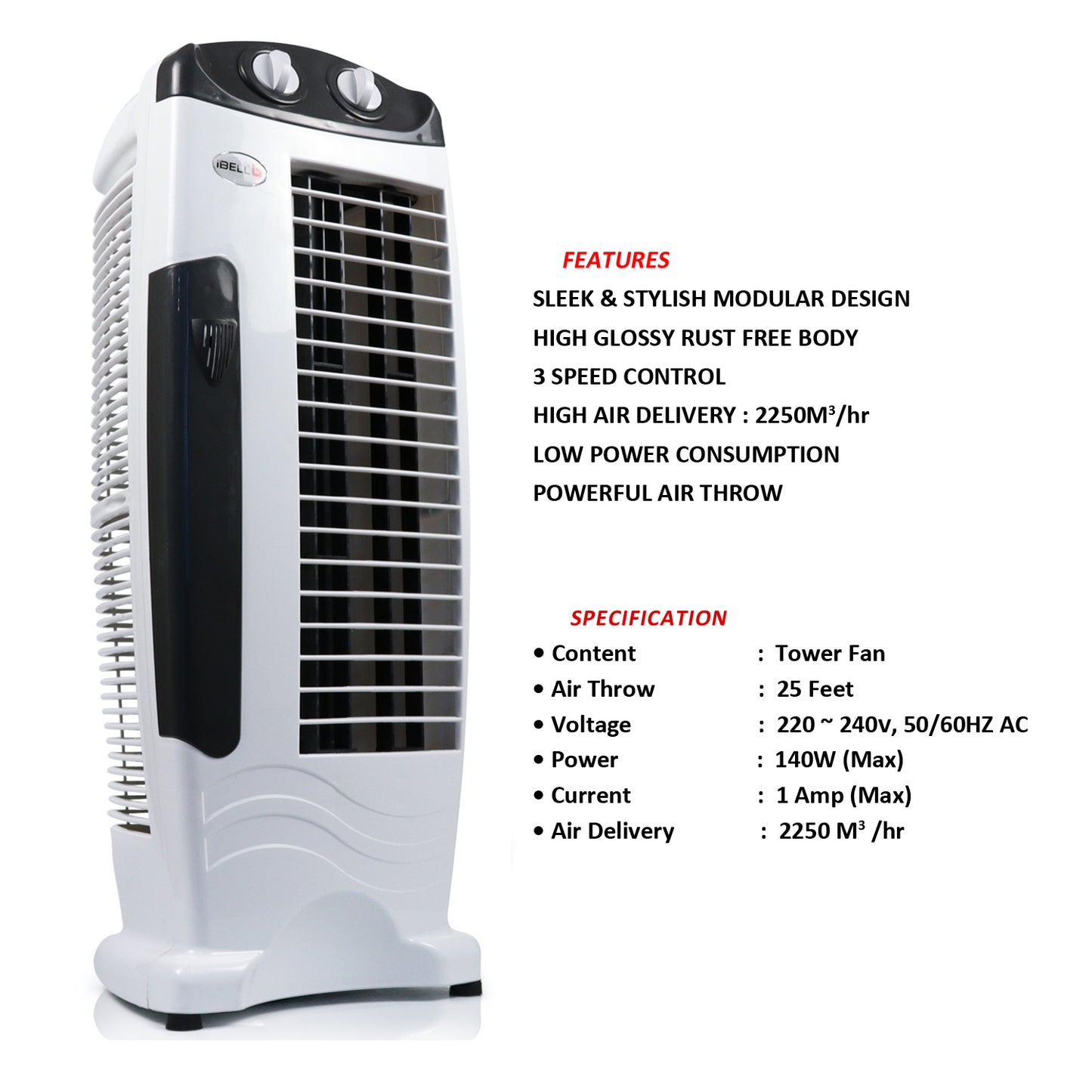 IBELL High Speed Tower Fan, 25-foot Air Delivery, 4-way Air Flow, Low Power Consumption and Anti-Rust Body (White)