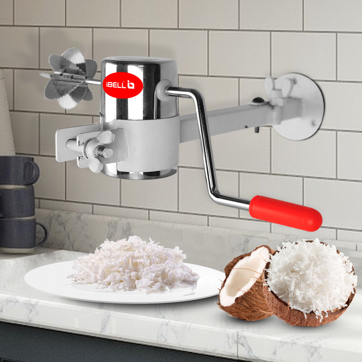 Ibell 2 in 1 coconut scraper with multipurpose foldable wall mount stand  stainless steel with rotating handle