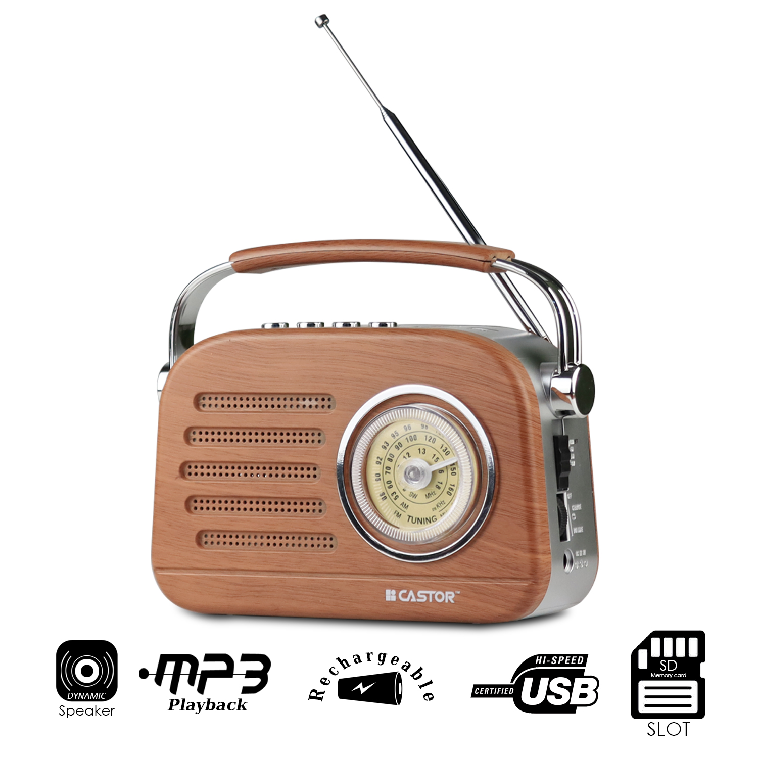 Radio Vintage de colección Recargable, Radio AM, FM, SW, USB, SD