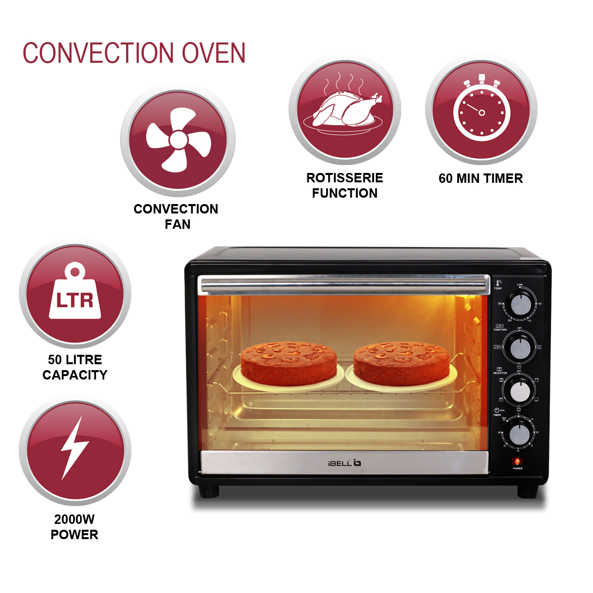 Ibell eo500g otg 50 litre convection oven toaster griller with motorized  rotisserie 2000 watt 6 heating modes black