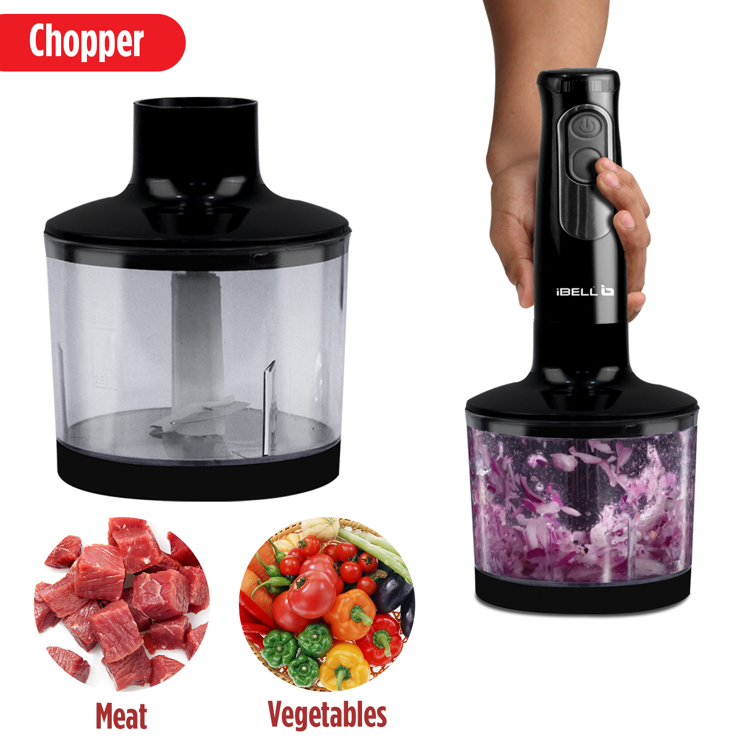 Hand powered Food Chopper, Handheld Masher, Mixer With Measuring Conta