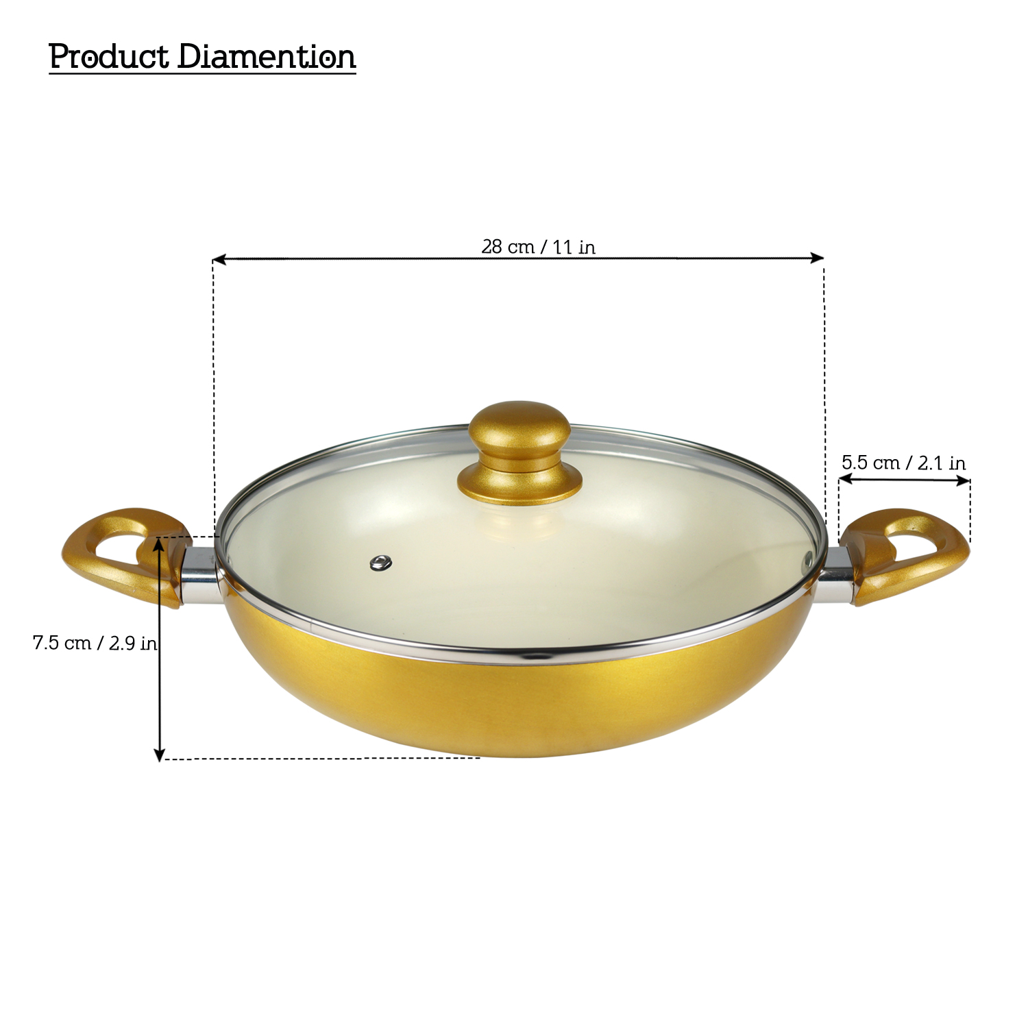 Stainless Steel Wok Induction Base Kadai 3 Litre Flat Bottom With Glass Lid 