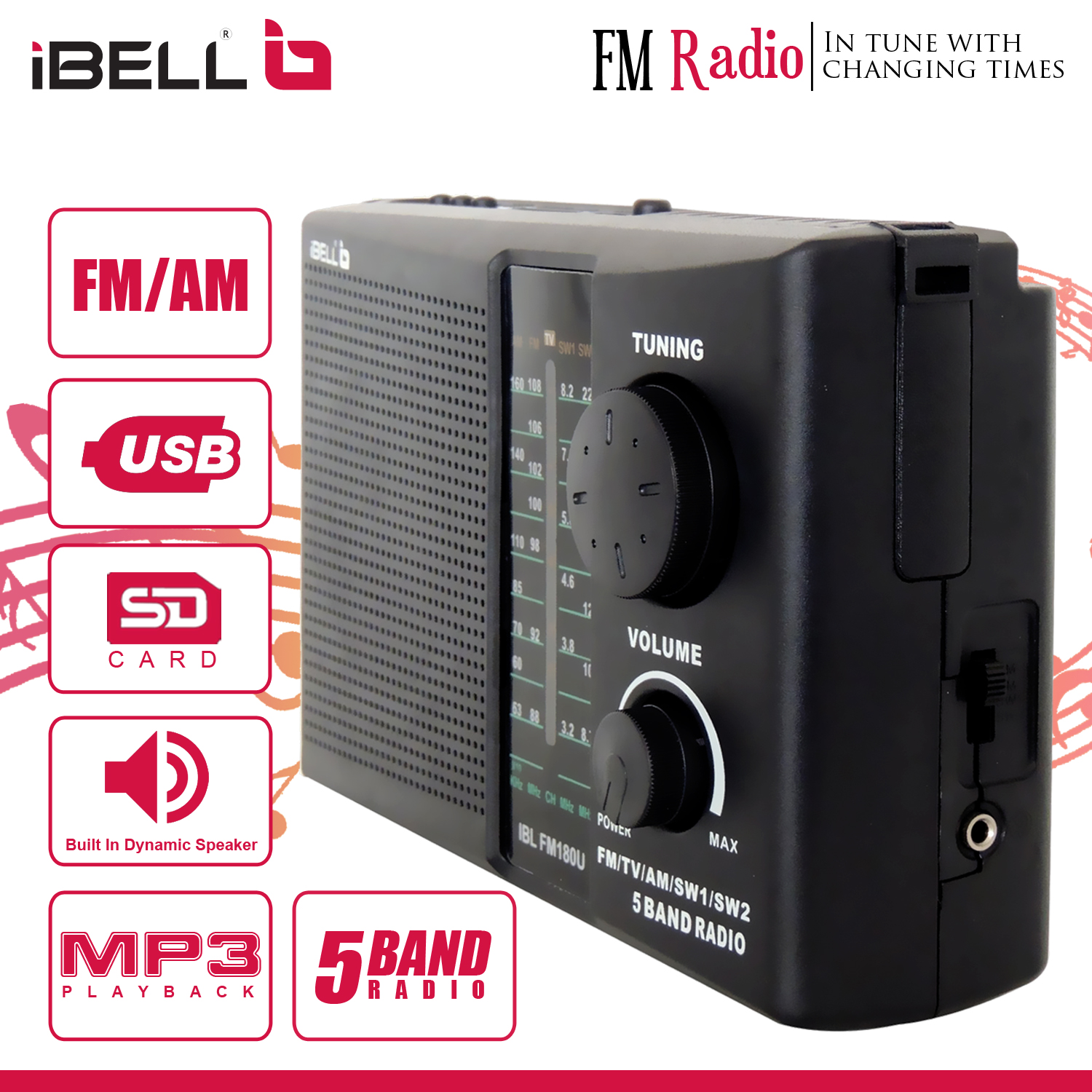 Ibell IBLFM180U Portable FM Radio with Bluetooth Speaker