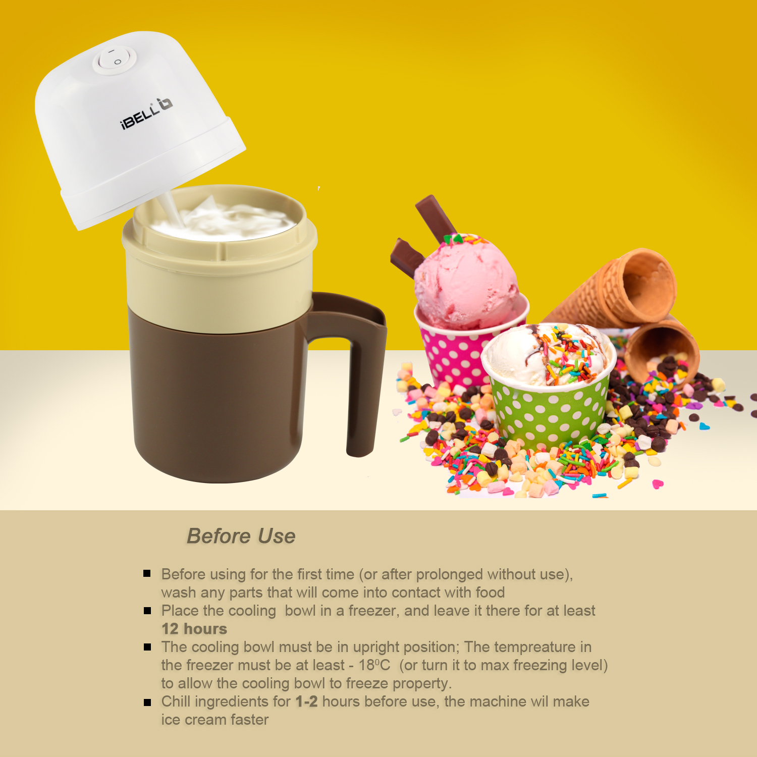 Ibell 400ml ice cream maker 7w paddle that rotates in both direction white
